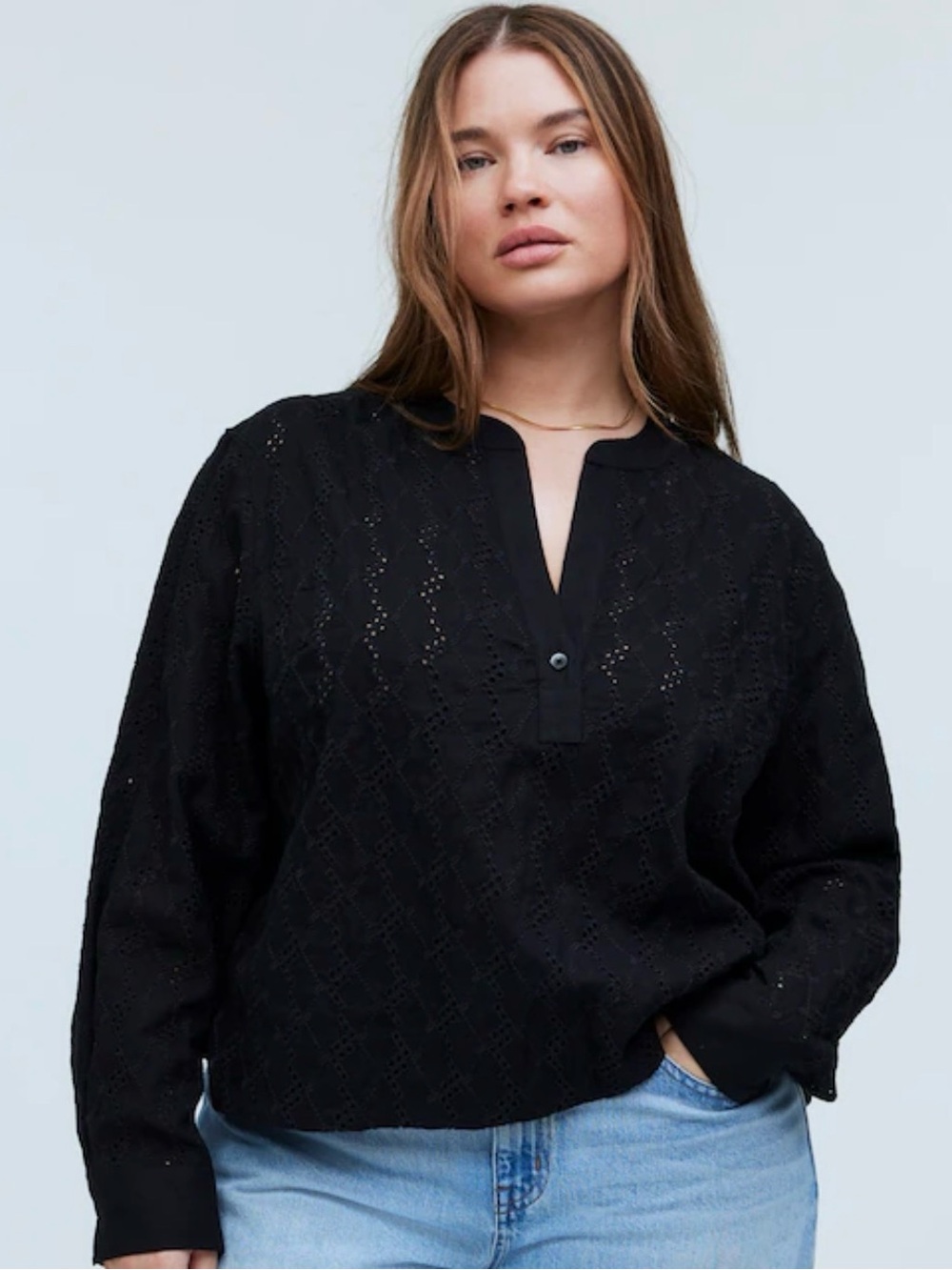 Madewell Black Eyelet Henley Blouse boho summer sz XXL